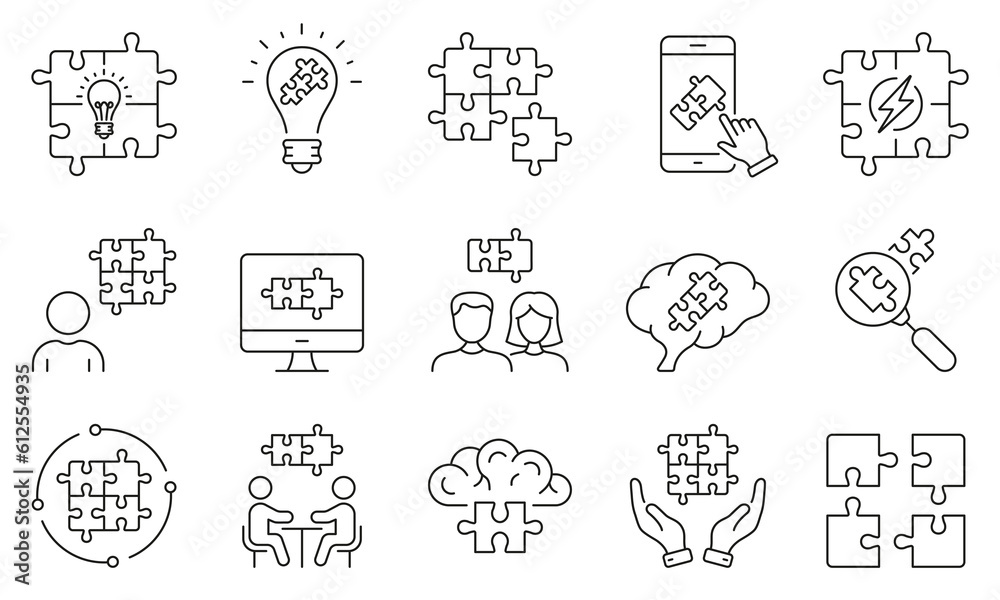 Team Connection, Communication Management Linear Pictogram. Jigsaw Puzzle Pieces Outline Symbol Collection. Business Partnership, Teamwork Line Icon Set. Editable Stroke. Isolated Vector Illustration