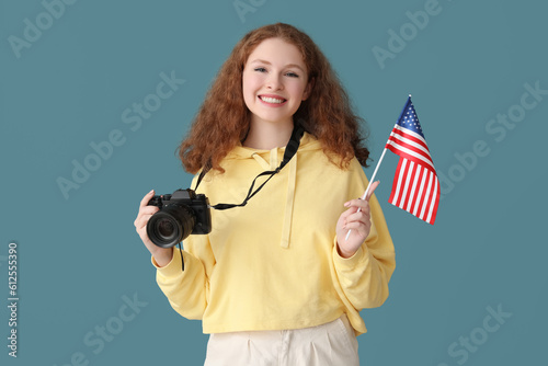 Young woman with USA flag a...