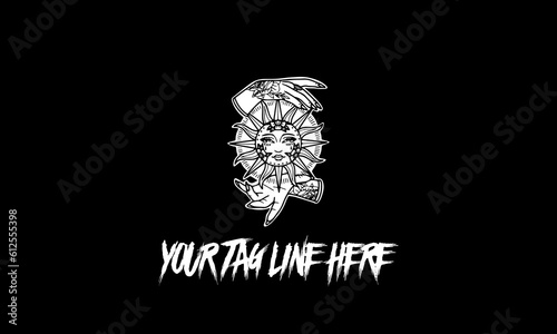 Design with a black and white illustration and an editable text isolated on a dark background