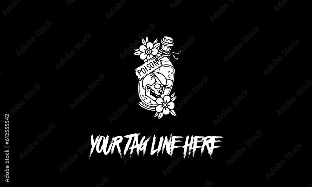 Vector design of artwork logo poison bottle with skull and flowers in black and white with tagline Vector design of artwork logo poison bottle with skull and flowers in black and white with tagline