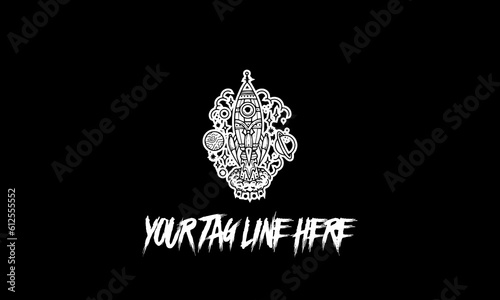 Vector design of logotype art rocket with planets around in black and white with tagline space