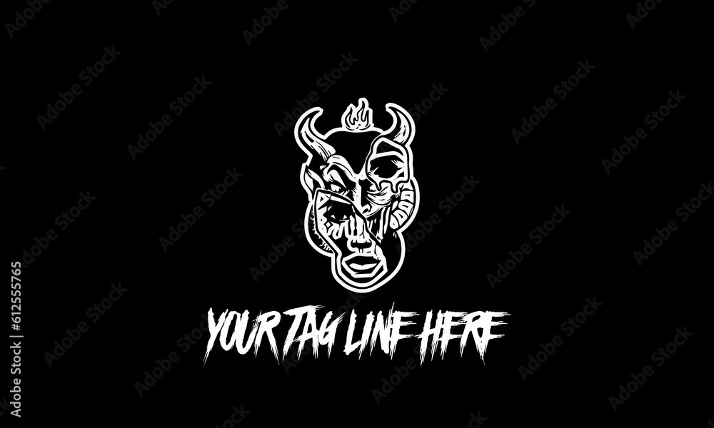 Vector logo of a woman wearing hannya mask with a space for the tagline on a black background