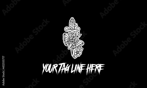 Digital emblem with a knife, butterfly and flowers isolated on a black background.