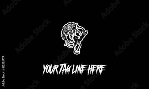 Vector logo of a woman wearing hannya mask with a space for the tagline on a black background
