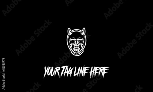 Vector logo of a woman wearing a mask with horns with a space for the tagline on a dark background