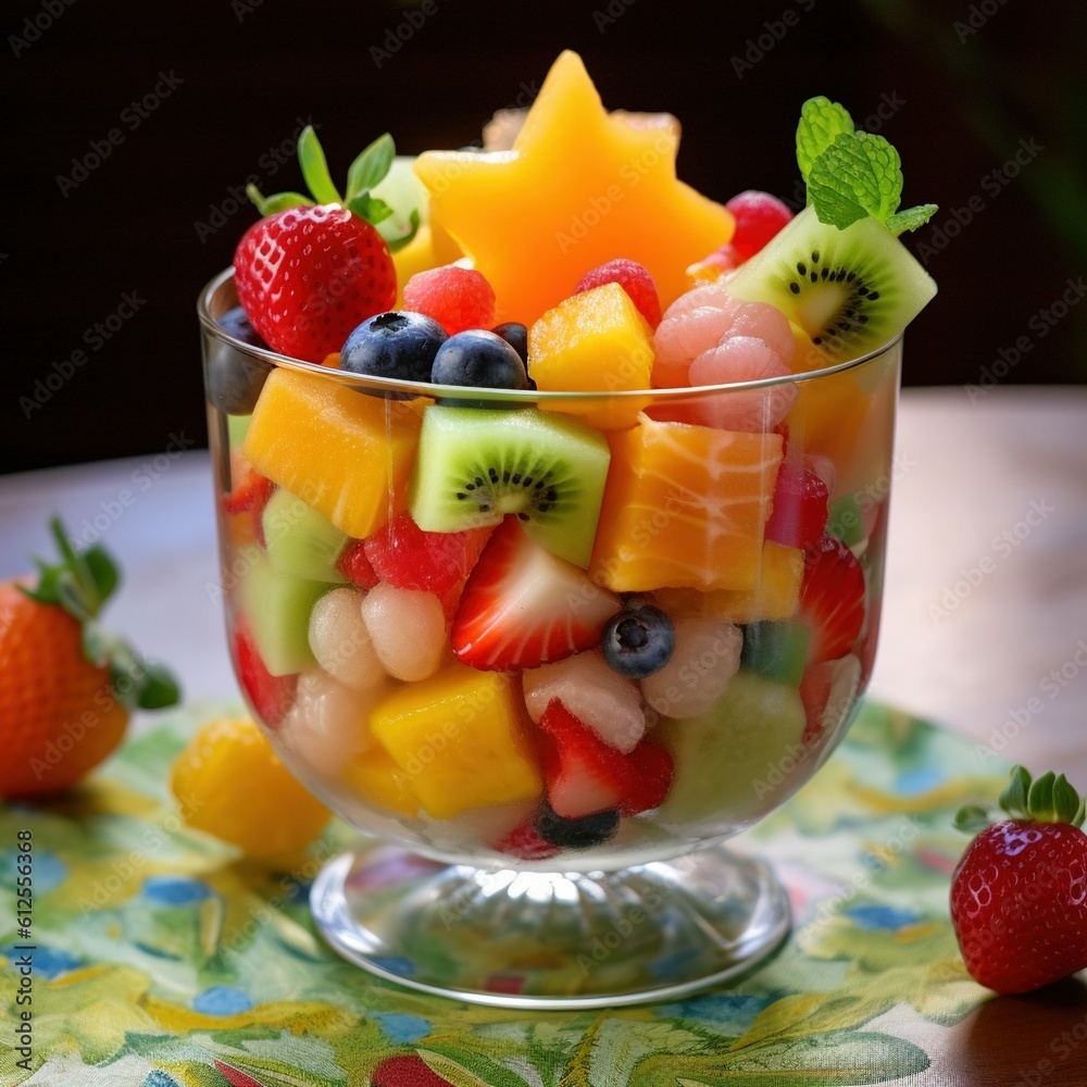 A refreshing fruit salad with a mix of vibrant, juicy fruits. Created with Generative Ai technology. A refreshing fruit salad with a mix of vibrant, juicy fruits. Created with Generative Ai technology.