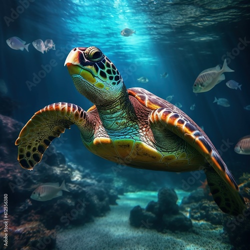 turtle swimming in the deep sea. Created with Generative Ai technology.