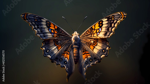 Beautiful butterfly with spread wings on a dark background.