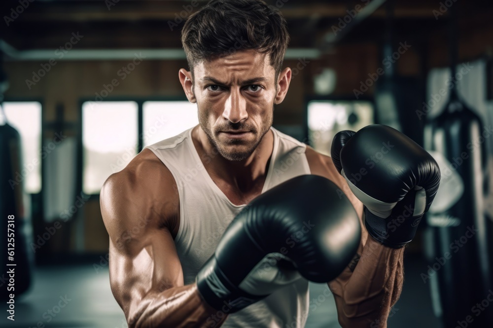 Young strong sports man boxer make workout exercises in gym. Generative AI