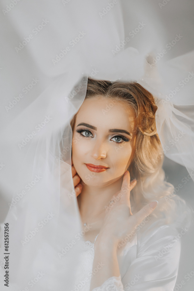 The blonde bride is dressed in a satin robe and lies on a sofa, posing under a veil. Beautiful hair and make-up, open bust. Wedding portrait. Sincere smile The blonde bride is dressed in a satin robe and lies on a sofa, posing under a veil. Beautiful hair and make-up, open bust. Wedding portrait. Sincere smile