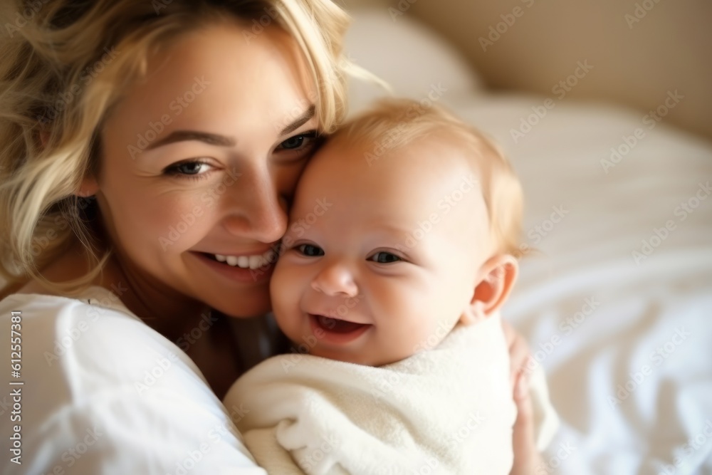 Happy young loving mother smiling at her baby. Generative AI Happy young loving mother smiling at her baby. Generative AI
