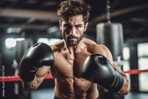 Young strong sports man boxer make workout exercises in gym. Generative AI © bluebeat76