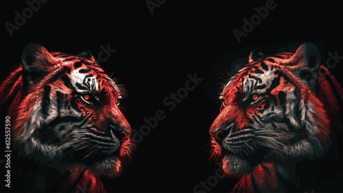 Red tiger facing the other on a black background
