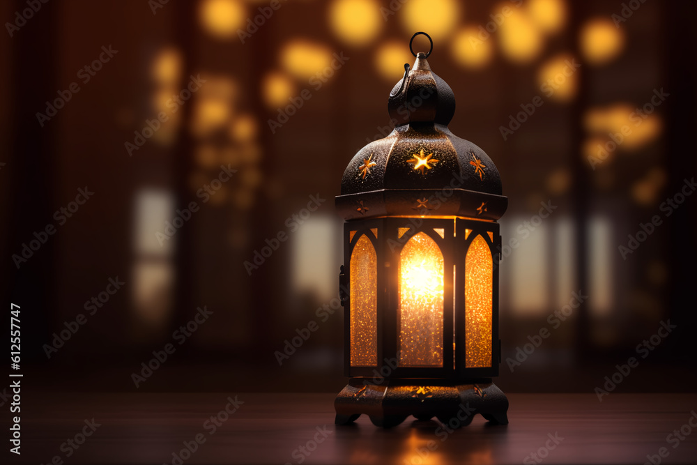 Radiant Ramadan lantern in a dark room with a dark and blurry image behind it, generative ai Radiant Ramadan lantern in a dark room with a dark and blurry image behind it, generative ai
