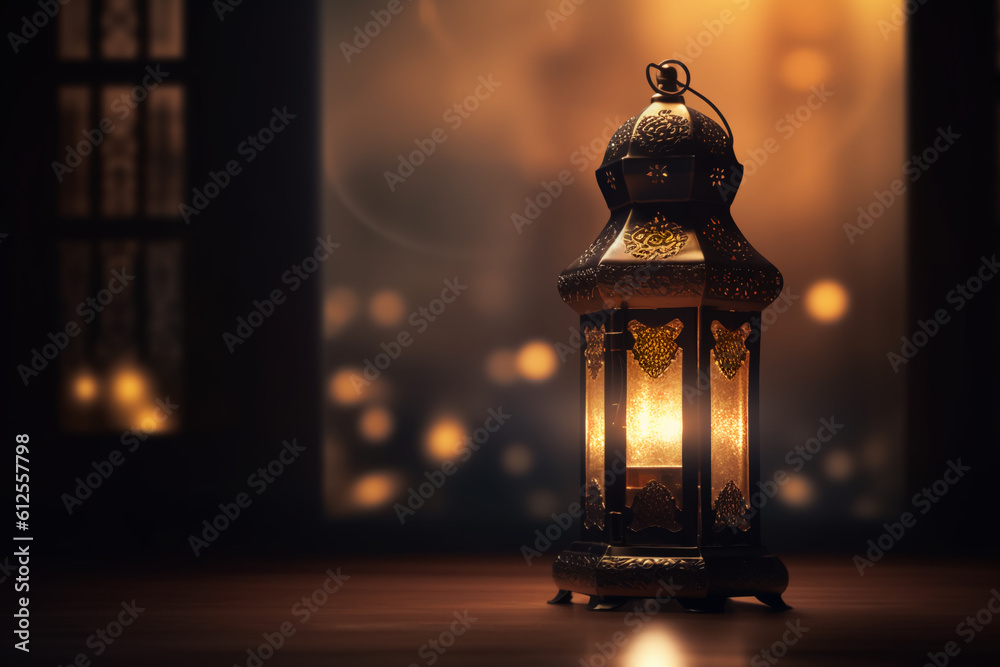 Radiant Ramadan lantern in a dark room with a dark and blurry image behind it, generative ai Radiant Ramadan lantern in a dark room with a dark and blurry image behind it, generative ai