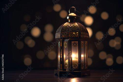 Radiant Ramadan lantern in a dark room with a dark and blurry image behind it, generative ai