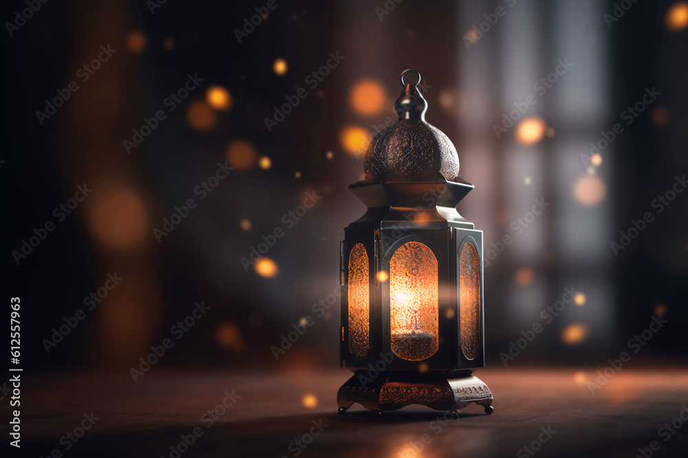 Radiant Ramadan lantern in a dark room with a dark and blurry image behind it, generative ai Radiant Ramadan lantern in a dark room with a dark and blurry image behind it, generative ai