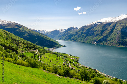 Beautiful view of Norwegian mountains on a clear sunny day with fjord full of fish. Super green scenery idyllic nature just like a postcard.