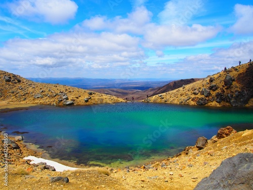 Low-angle of Tongariro lake view with the national park view