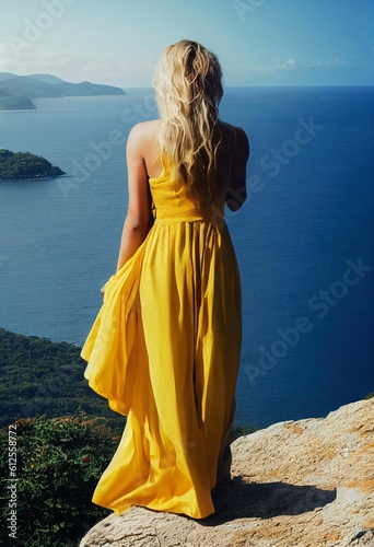 Woman in a yellow dress standing on a rock overlooking the ocean