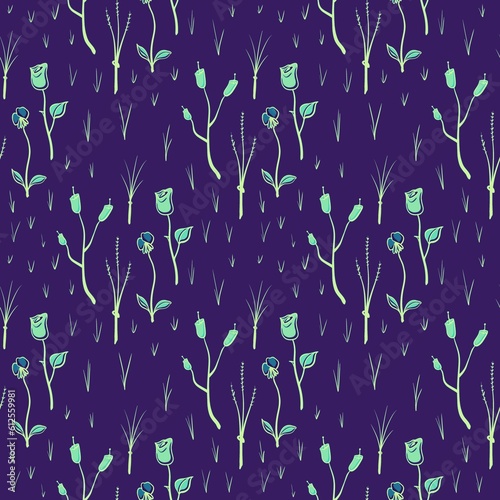 seamless pattern with green flowers and purple background