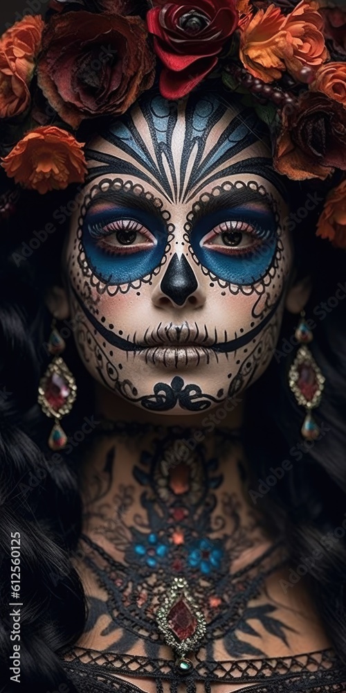 Dia de los muertos, Mexican holiday of the dead and halloween. Woman with sugar skull make up and flowers. Generative AI