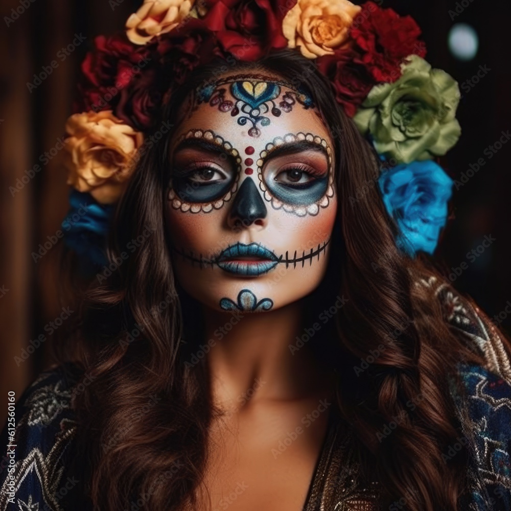 Dia de los muertos, Mexican holiday of the dead and halloween. Woman with sugar skull make up and flowers. Generative AI