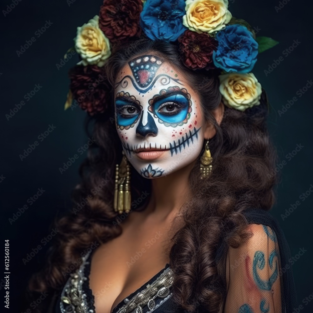 Dia de los muertos, Mexican holiday of the dead and halloween. Woman with sugar skull make up and flowers. Generative AI