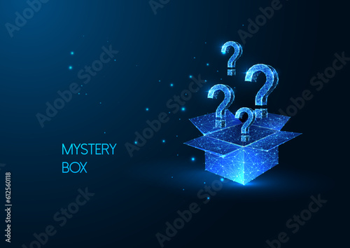 Mystery box, surprise, uncertainty futuristic concept with open box and question marks on blue