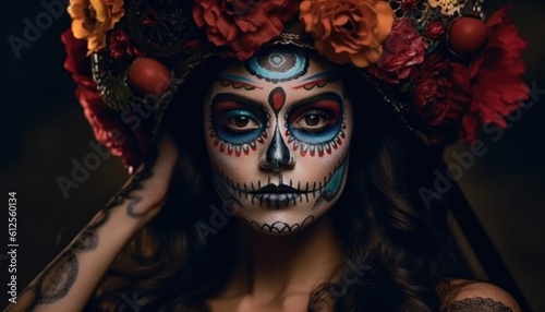 Dia de los muertos, Mexican holiday of the dead and halloween. Woman with sugar skull make up and flowers. Generative AI © Adriana
