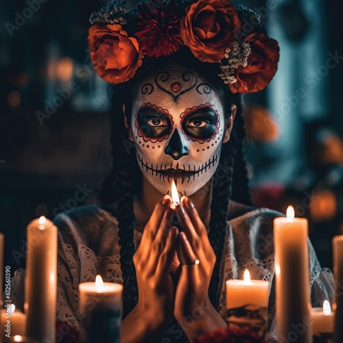 Dia de los muertos, Mexican holiday of the dead and halloween. Woman with skull make up and flowers. Candles lights. Generative AI 