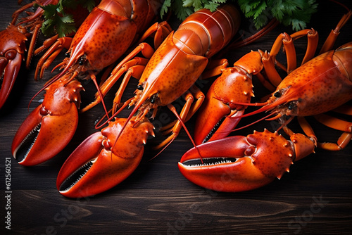 cooked lobster copy food crawfish claw boiled crayfish seafood space red background. Generative AI. © SHOTPRIME STUDIO