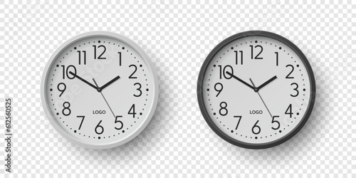 Vector 3d Round Wall Office Clock with White Clock Dial Set Closeup Isolated. Watches, Design Template, Mock-up for Branding, Advertise. Vector Simple Minimalistic Clocks, Watches in Front View