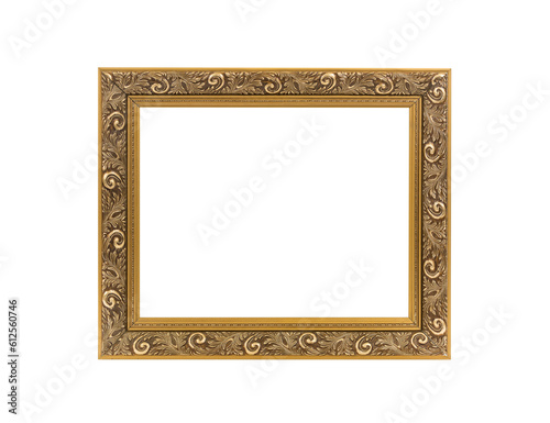 Old fancy gold picture frame isolated with cut out center.