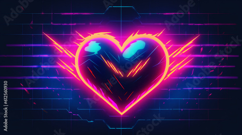 Retrowave Herz Symbol in Neonfarben. Synthwave, Futuresynth, Outrun. Querformat. Generative Ai.