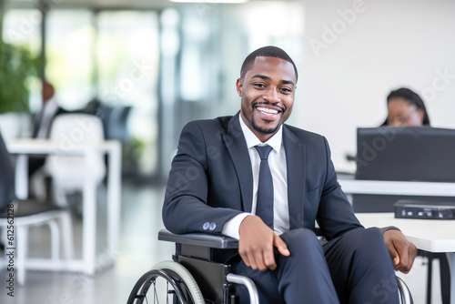 African american businessman in wheelchair working, disabled, office, happy, diversity, suit, corporate, generative ai