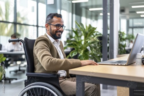 Latino businessman in wheelchair working, disabled, office, laptop, happy, diversity, suit, corporate, generative ai