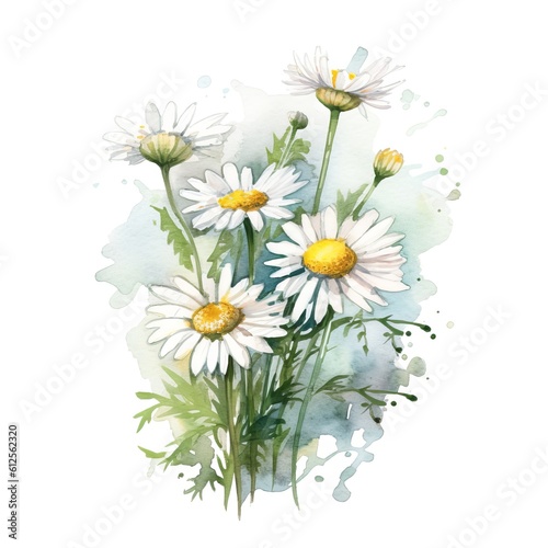 Aromatic Chamomile Herbs Watercolor Square Background. Healthy Vegetarian Diet. Ai Generated  Drawn With Paint Splashes On White Background Delicious Aromatic Chamomile Herbs. Generative AI