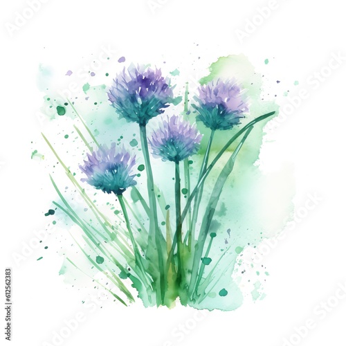 Aromatic Chives Herbs Watercolor Square Background. Healthy Vegetarian Diet. Ai Generated, Drawn With Paint Splashes On White Background Delicious Aromatic Chives Herbs. Generative AI