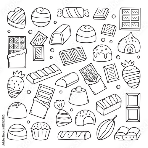 Chocolate doodle set.  Different kinds of chocolate. Cocoa bean, chocolate candies, chocolate bar in sketch style. Hand drawn vector illustration isolated on white background