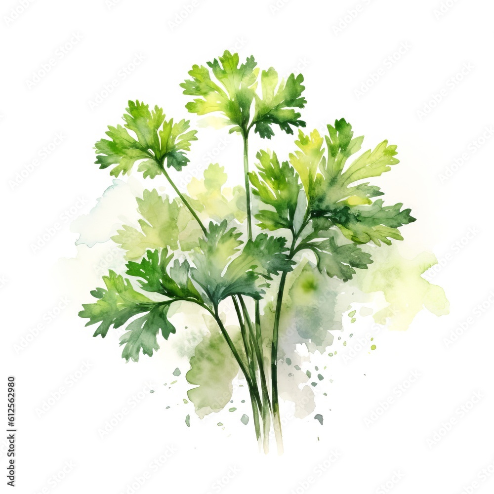 Fototapeta premium Aromatic Parsley Herbs Watercolor Square Background. Healthy Vegetarian Diet. Ai Generated, Drawn With Paint Splashes On White Background Delicious Aromatic Parsley Herbs. Generative AI