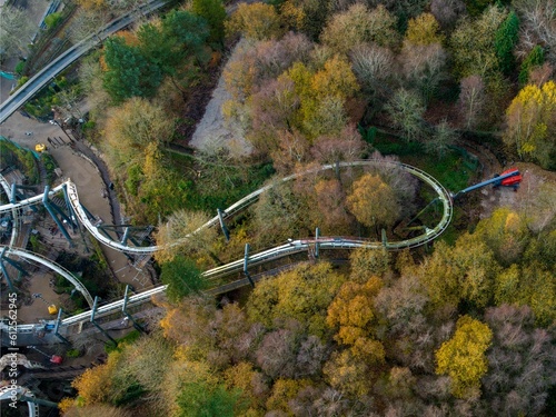 Fotografie Drone view of the Nemesis inverted roller coaster being removed from the Alton T