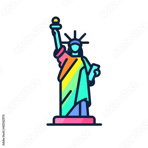 Cute rainbow statue of liberty LGBTQ concept cartoon icon vector art isolated on white background. Minimal cartoon with solid color and bold outline art style. Digital illustration generative AI.