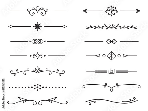 Text dividers doodle set. Wedding decorative elements with leaves, swirls, hearts. Divider ornament, borders, lines. Hand drawn vector illustration isolated on white background