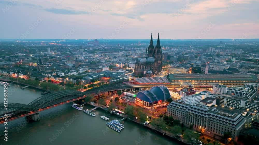 4k Aerial view of cityscape of Cologne, Germany, Europe. Cathedral Church of Saint Peter in historic city center 4k Aerial view of cityscape of Cologne, Germany, Europe. Cathedral Church of Saint Peter in historic city center
