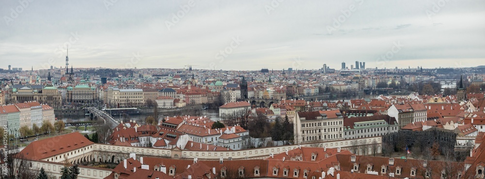 Panoramic view of the cityscape of Prague, Czech Republic, on a cloudy winter day