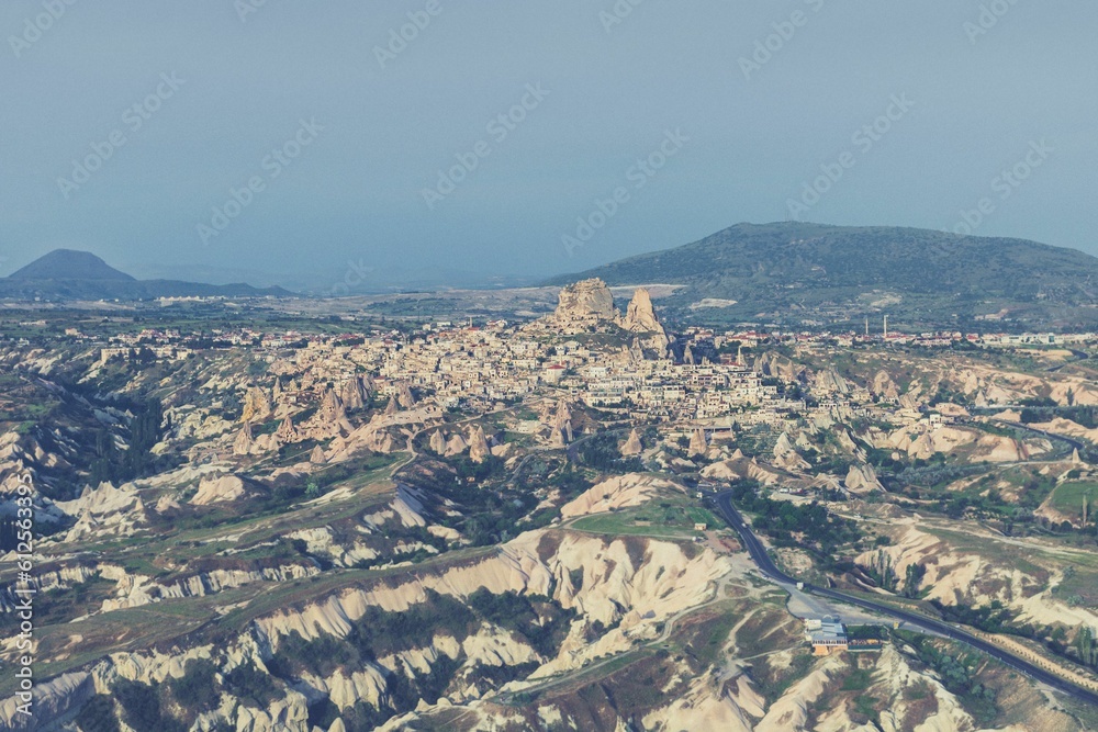 Beautiful view over the town of Uchisar, at the Pigeon Valley, Cappadocia, Turkey