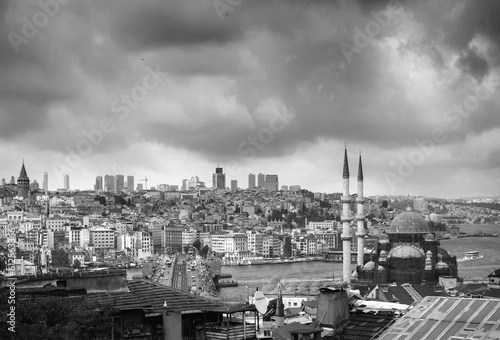 View of a cityscape of Istanbul, Turkey, with The Bosphorus on a cloudy day, in a grayscale