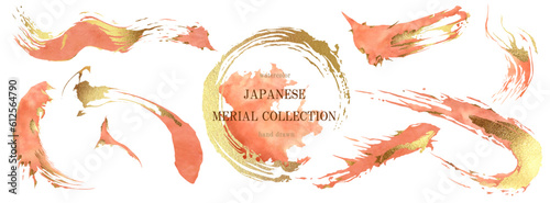 筆, 金箔, 筆書き, 水彩, フレーム, ベクター, 年賀状, 和, 波, 金, 金色, 和柄, 朱色, セット, 背景, 筆線, 和風, ライン, 円, 丸, キラキラ, かすれ, お祝い, 祝い, イラスト