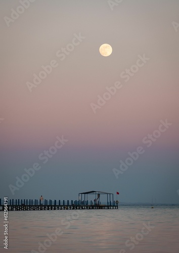 Vertical shot of the calm sea and wooden dock against the pink sunset sky with a full moon